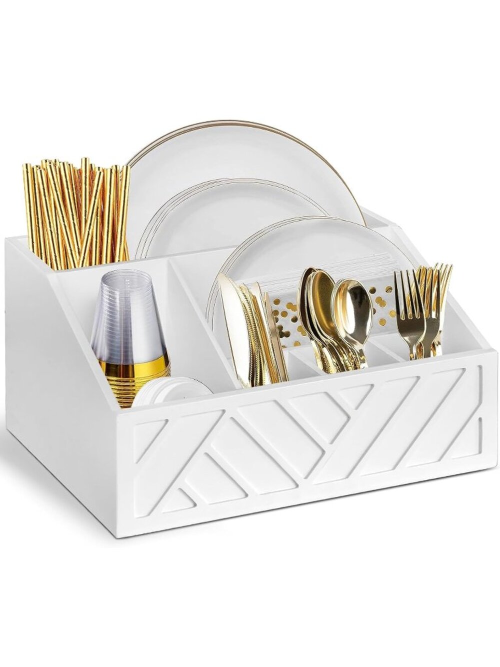 New Rustic Wood Paper Plate Dispenser 6-Compartment Utensil Caddy